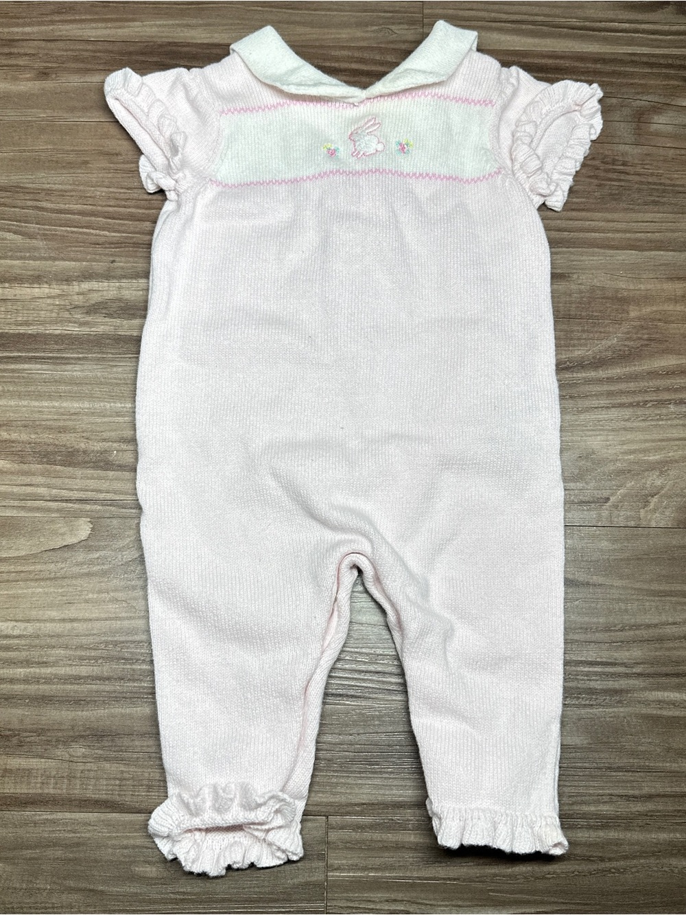 Vtg Janie and Jack Soft Pink Cottagecore Knit Bunny Ruffles One Piece Bodysuit